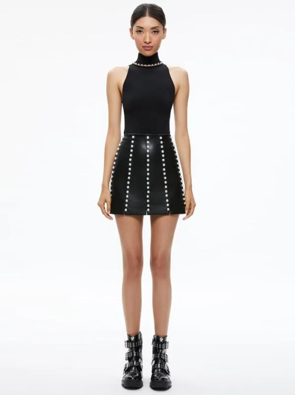 Skirts Women Alice Olivia LECIA EMBELLISHED VEGAN LEATHER MINI SKIRT Black