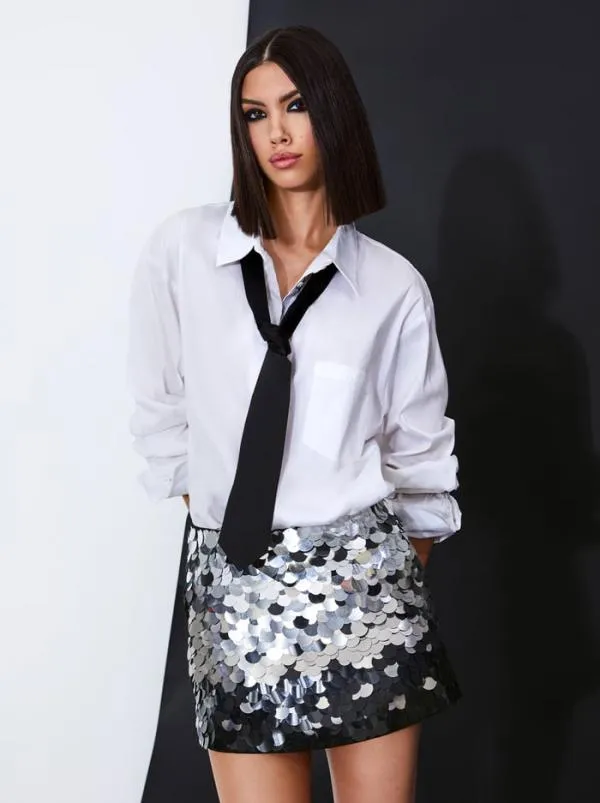 Skirts Women Alice Olivia RUBI SEQUIN MINI SKIRT Silverblack