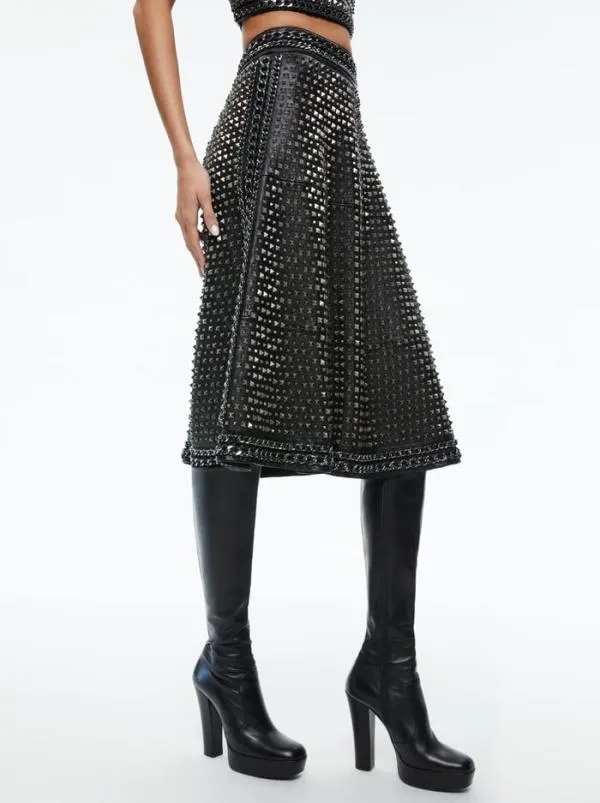 Skirts Women Alice Olivia SOSIE STUDDED LEATHER MIDI SKIRT Black