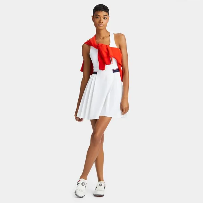 Skorts and Dresses Women GFORE RACERBACK STRETCH OPS PLEATED TENNIS DRESS WITH SHORT Snow