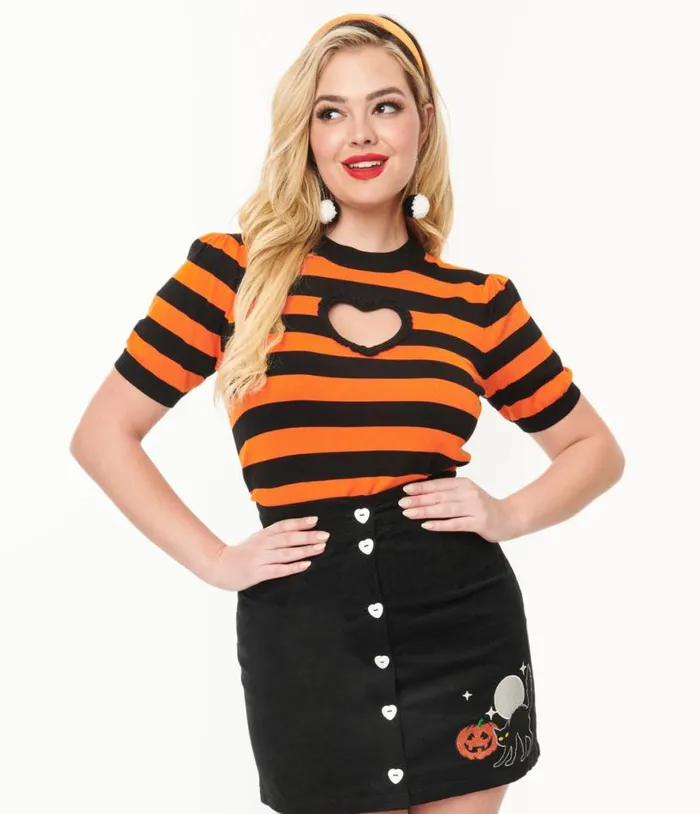 Smak Parlour 1950s Black and Orange Stripe Heart Sweater Halloween Unique Vintage Tops Smak Parlour 1950s Black and Orange Stripe Heart Sweater Halloween Unique Vintage Tops