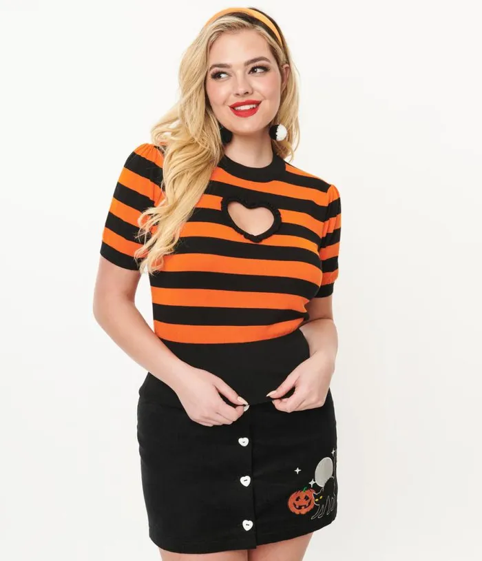 Smak Parlour 1950s Black and Orange Stripe Heart Sweater Halloween Unique Vintage Tops