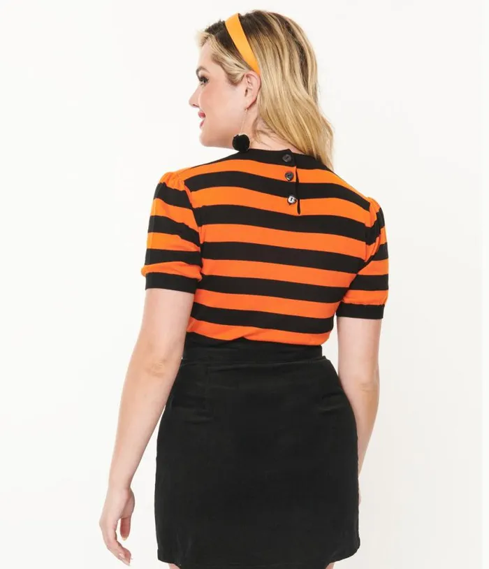 Smak Parlour 1950s Black and Orange Stripe Heart Sweater Halloween Unique Vintage Tops