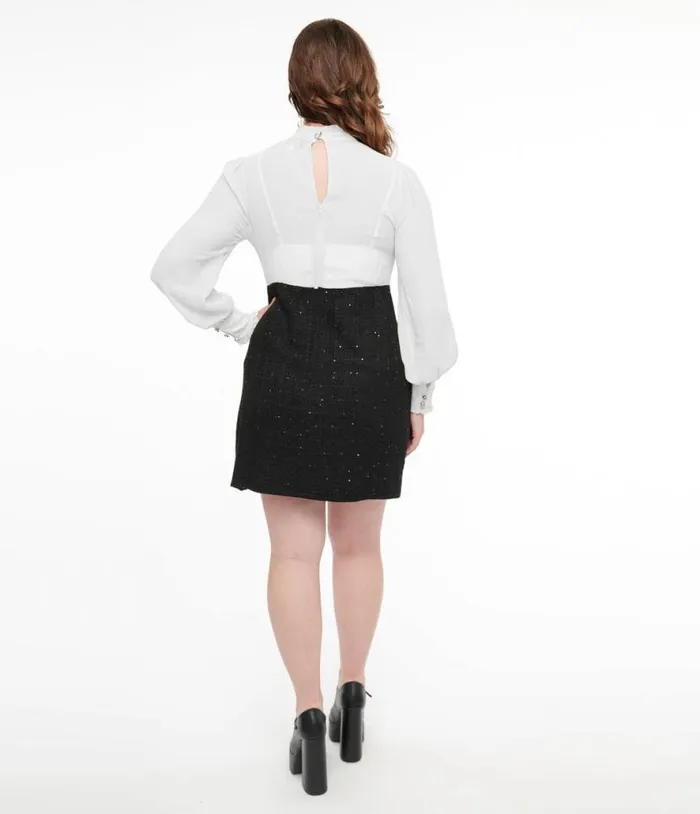 Smak Parlour 1960s Black and White Ruffle Neck ALine Dress Dresses Unique Vintage Pocket Dresses
