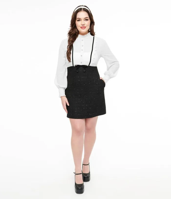 Smak Parlour 1960s Black and White Ruffle Neck ALine Dress Dresses Unique Vintage Pocket Dresses