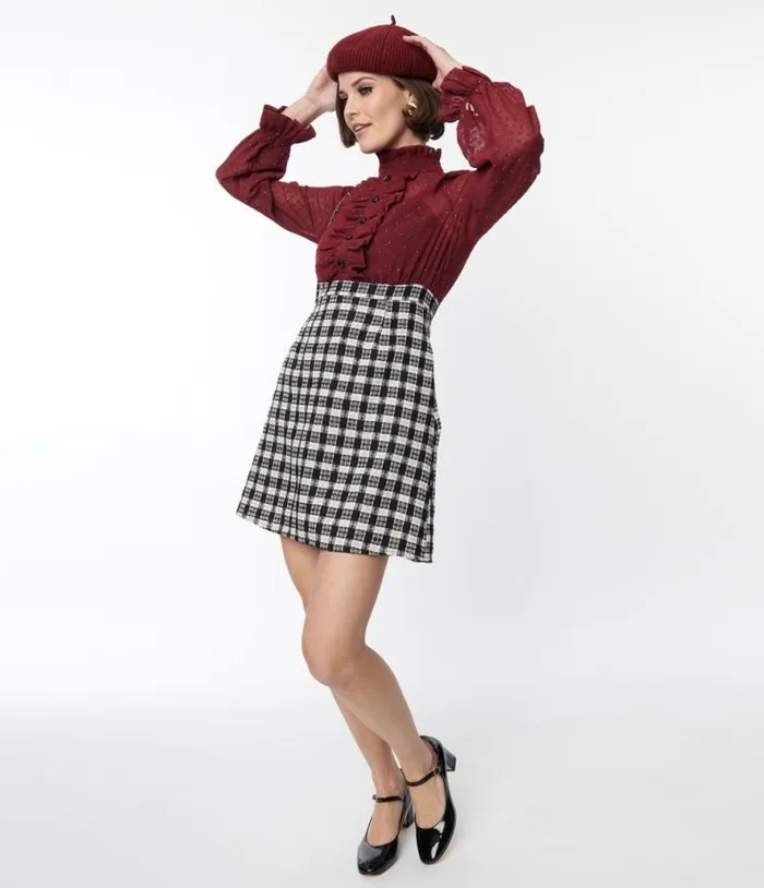 Smak Parlour 1960s Burgundy and Plaid Ruffle Neck Empire ALine Dress Dresses Unique Vintage Pocket Dresses Smak Parlour 1960s Burgundy and Plaid Ruffle Neck Empire ALine Dress Dresses Unique Vintage Pocket Dresses