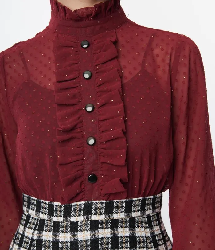 Smak Parlour 1960s Burgundy and Plaid Ruffle Neck Empire ALine Dress Dresses Unique Vintage Pocket Dresses