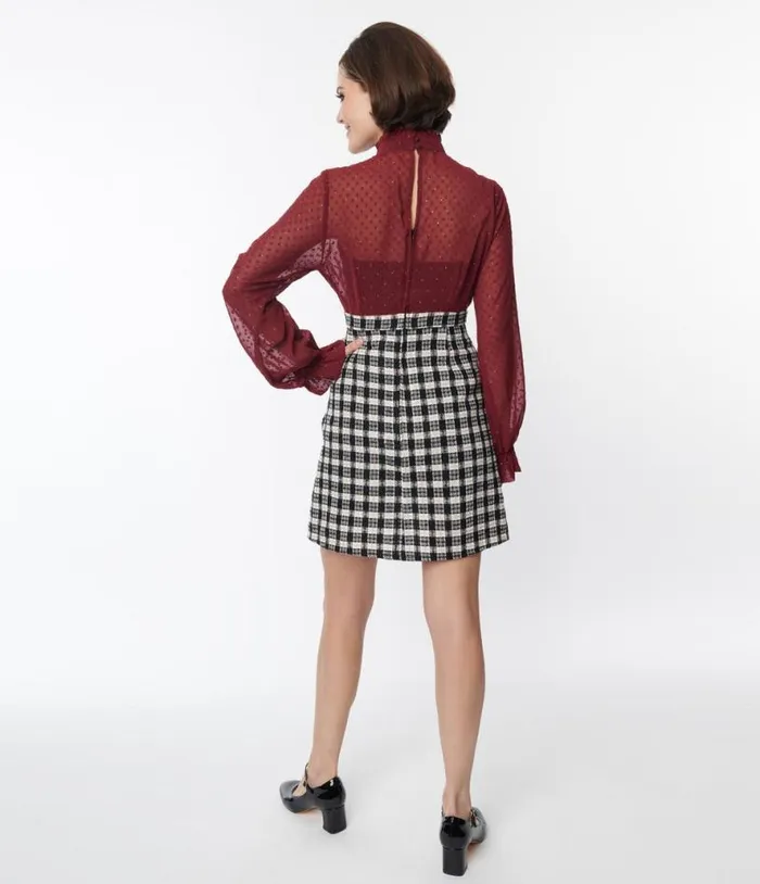 Smak Parlour 1960s Burgundy and Plaid Ruffle Neck Empire ALine Dress Dresses Unique Vintage Pocket Dresses