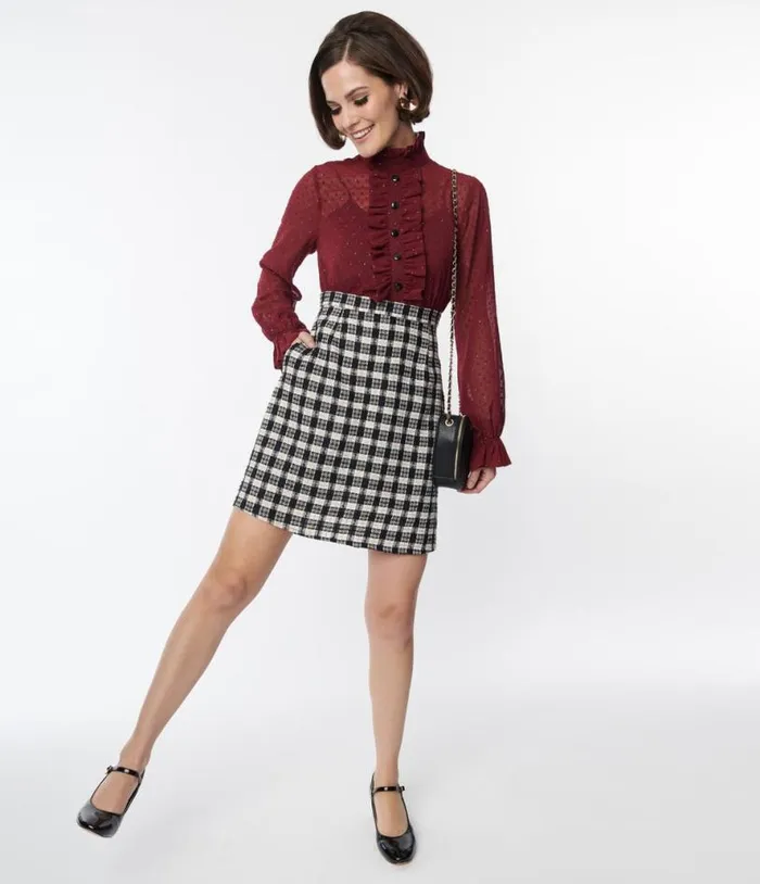Smak Parlour 1960s Burgundy and Plaid Ruffle Neck Empire ALine Dress Dresses Unique Vintage Pocket Dresses