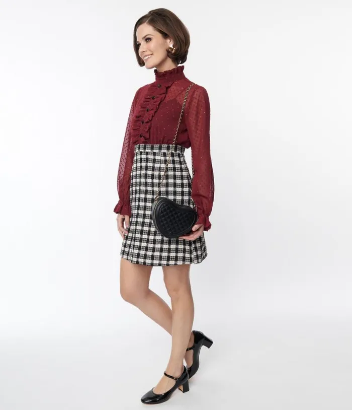 Smak Parlour 1960s Burgundy and Plaid Ruffle Neck Empire ALine Dress Dresses Unique Vintage Pocket Dresses