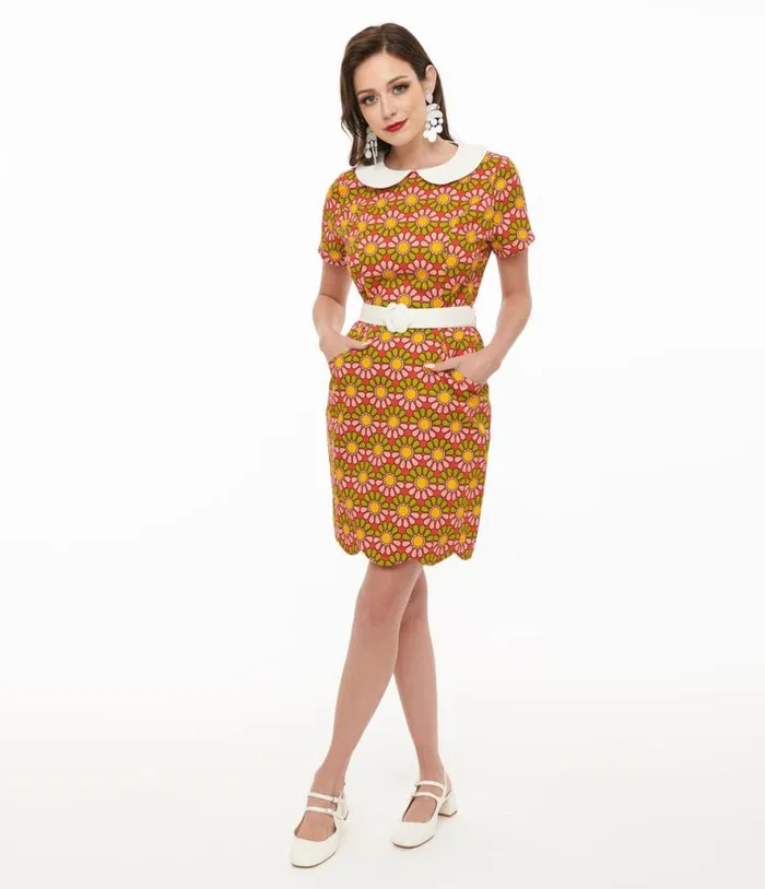 Smak Parlour 1960s Green and Pink Flower Power Mini Dress Dresses Unique Vintage Pocket Dresses
