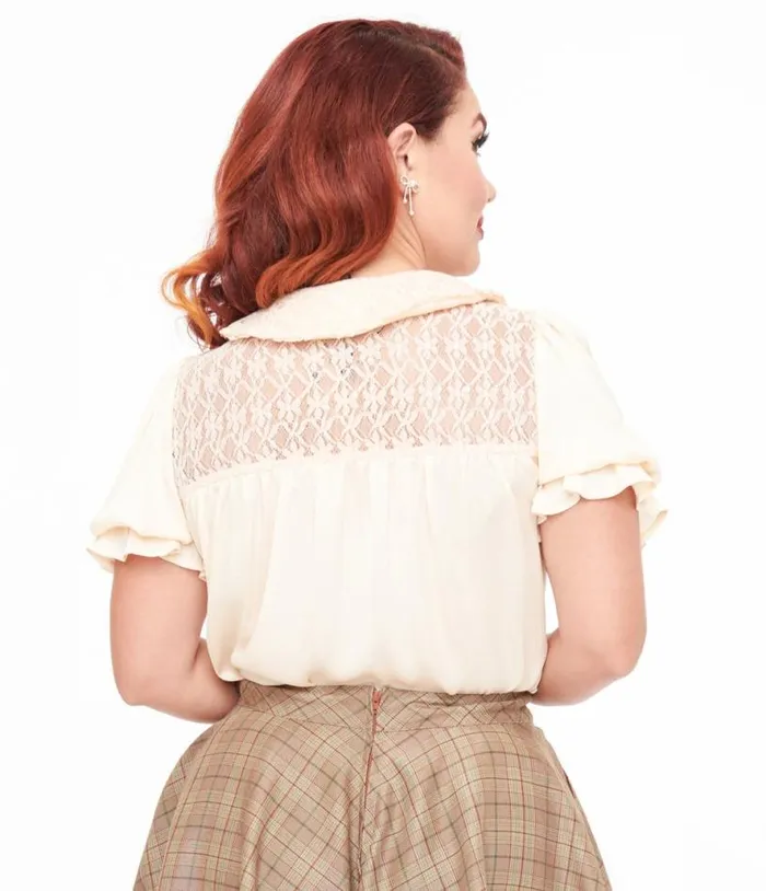Smak Parlour 1960s Ivory Lace Puff Sleeve Blouse Clothing Unique Vintage Blouses