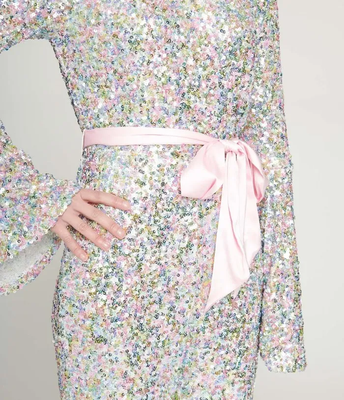 Smak Parlour 1960s Pastel Rainbow Sequin Bell Sleeve Jumpsuit Clothing Unique Vintage Rompers and Jumpsuits