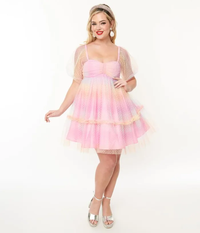 Smak Parlour 1960s Pink Rainbow Polka Dot Babydoll Dress DressesPlus Unique Vintage Babydoll