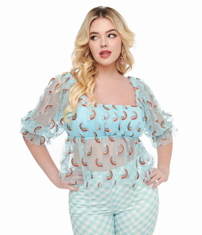 Smak Parlour 1960s Sky Blue and Glitter Rainbow Mesh Ruffle Babydoll Top Clothing Unique Vintage Blouses Smak Parlour 1960s Sky Blue and Glitter Rainbow Mesh Ruffle Babydoll Top Clothing Unique Vintage Blouses