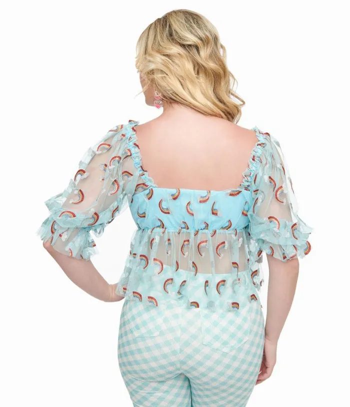 Smak Parlour 1960s Sky Blue and Glitter Rainbow Mesh Ruffle Babydoll Top Clothing Unique Vintage Blouses