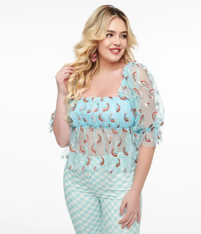 Smak Parlour 1960s Sky Blue and Glitter Rainbow Mesh Ruffle Babydoll Top Clothing Unique Vintage Blouses