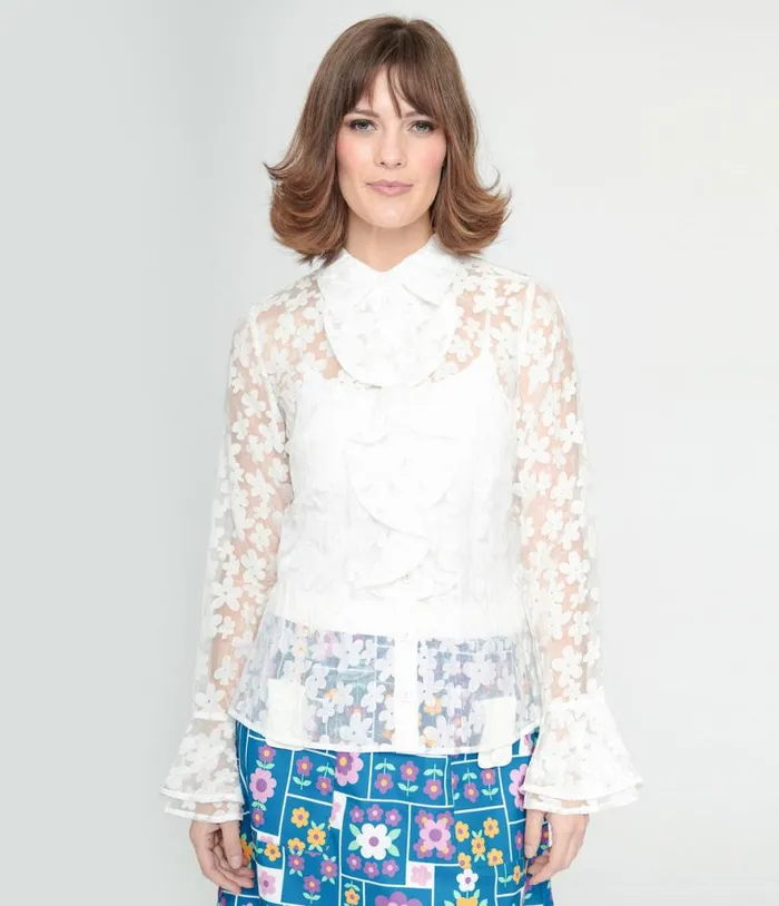 Smak Parlour 1960s White Daisy Ruffle Blouse Clothing Unique Vintage Blouses