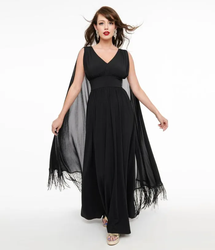 Smak Parlour 1970s Black Fringe Cape Maxi Dress Dresses Unique Vintage Maxi