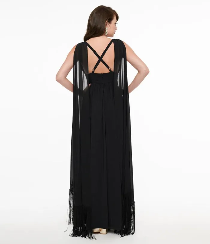 Smak Parlour 1970s Black Fringe Cape Maxi Dress Dresses Unique Vintage Maxi