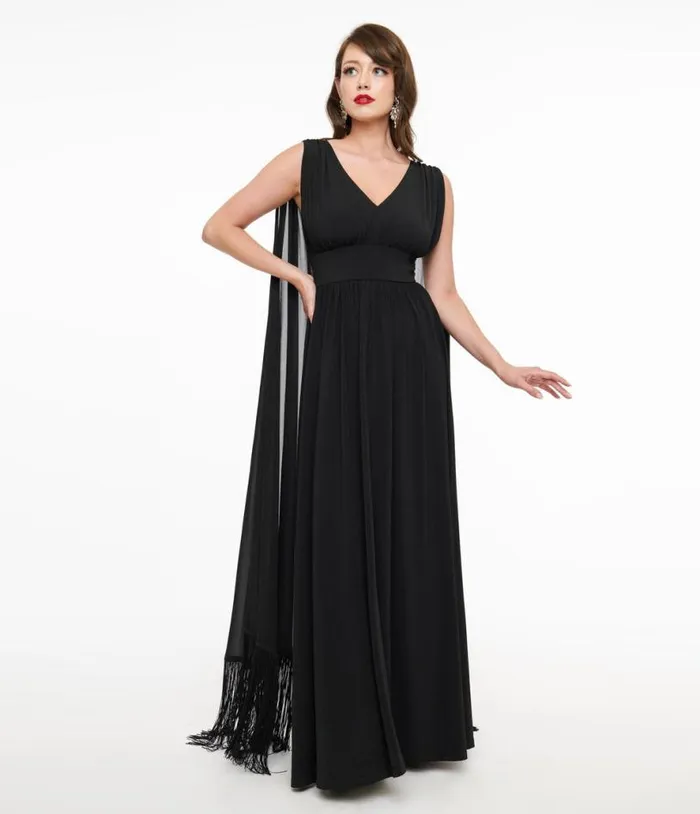 Smak Parlour 1970s Black Fringe Cape Maxi Dress Dresses Unique Vintage Maxi