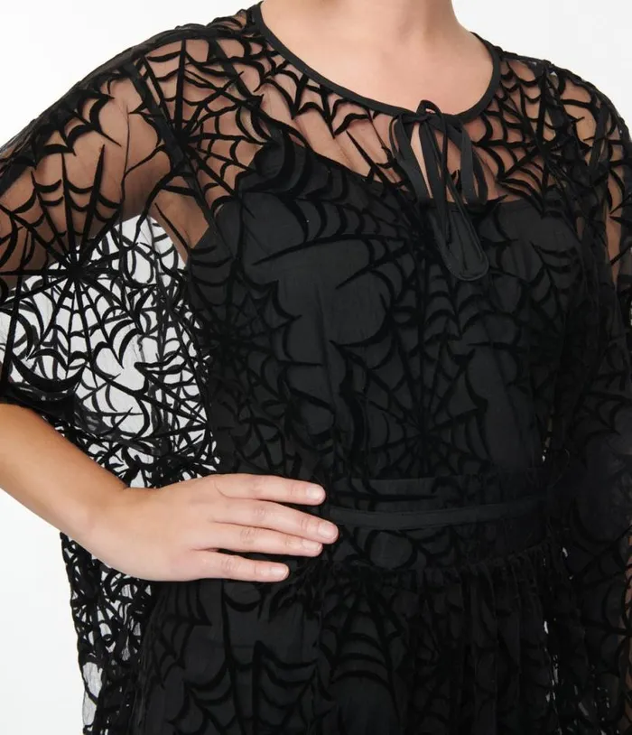Smak Parlour 1970s Black Spiderweb Mesh Mini Caftan DressesHalloweenPlus Unique Vintage Dresses