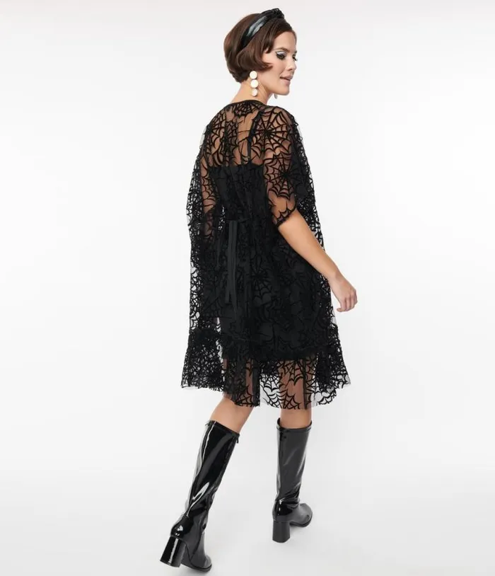 Smak Parlour 1970s Black Spiderweb Mesh Mini Caftan DressesHalloweenPlus Unique Vintage Dresses