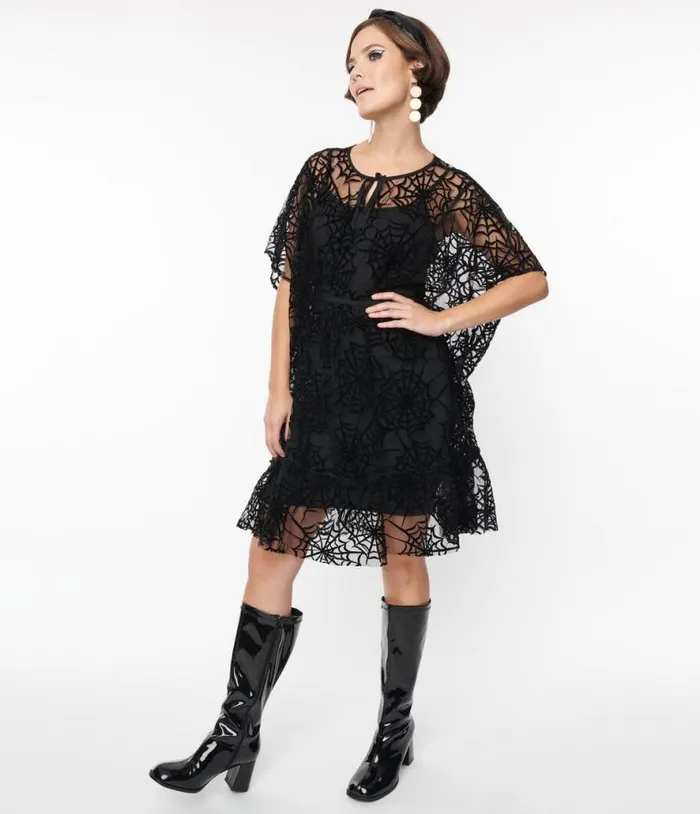 Smak Parlour 1970s Black Spiderweb Mesh Mini Caftan DressesHalloweenPlus Unique Vintage Dresses
