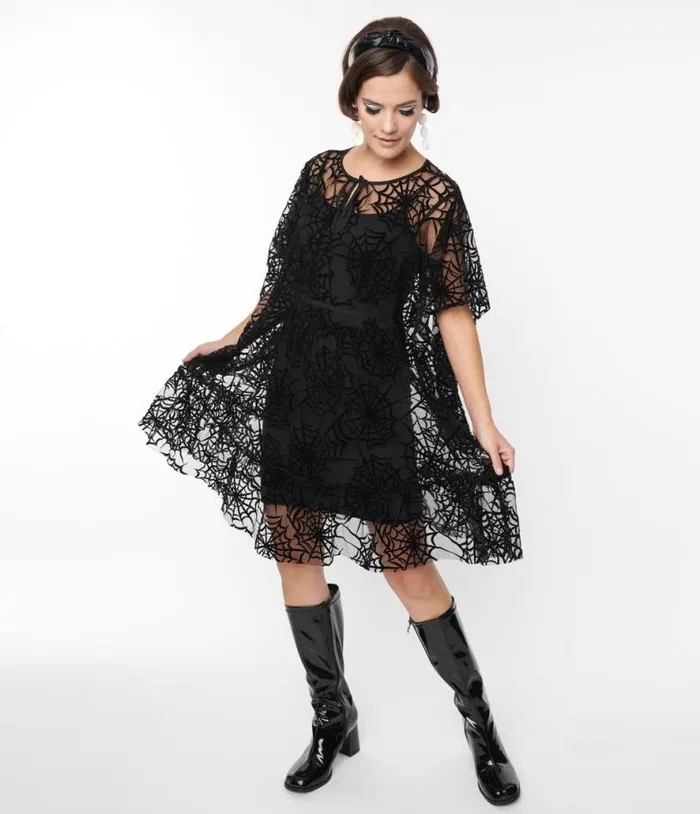 Smak Parlour 1970s Black Spiderweb Mesh Mini Caftan DressesHalloweenPlus Unique Vintage Dresses