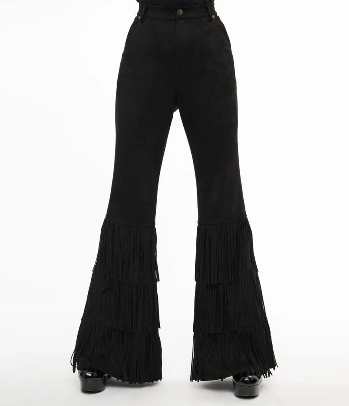 Smak Parlour 1970s Black Suede Tassel Flare Pants Clothing Unique Vintage Pants