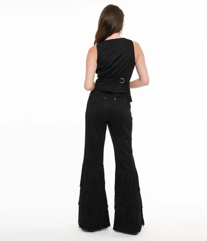 Smak Parlour 1970s Black Suede Tassel Flare Pants Clothing Unique Vintage Pants