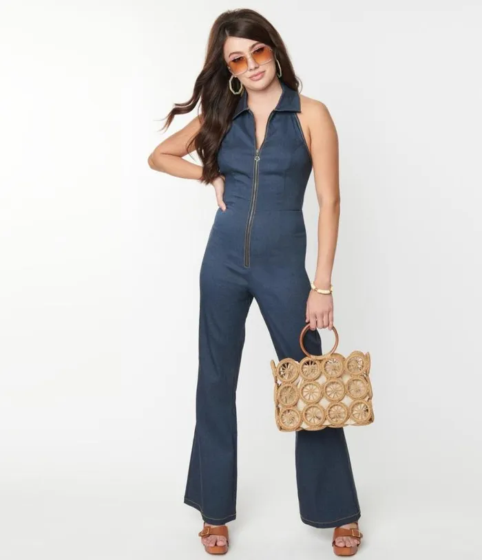 Smak Parlour 1970s Denim Bengaline Front Zipper Halter Jumpsuit Clothing Unique Vintage Rompers and Jumpsuits Smak Parlour 1970s Denim Bengaline Front Zipper Halter Jumpsuit Clothing Unique Vintage Rompers and Jumpsuits