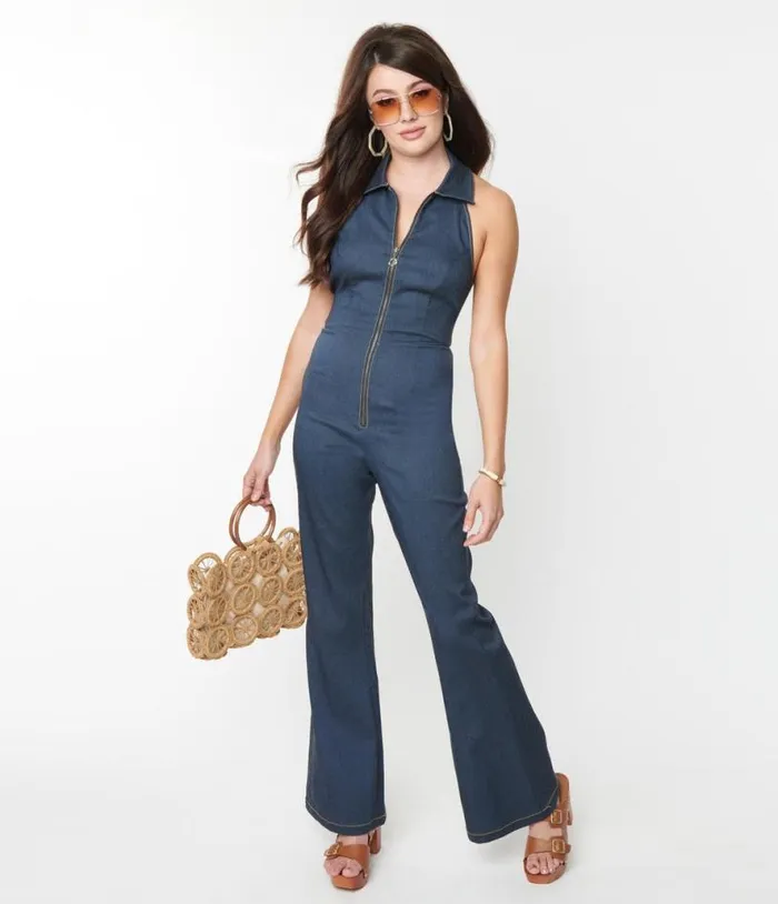 Smak Parlour 1970s Denim Bengaline Front Zipper Halter Jumpsuit Clothing Unique Vintage Rompers and Jumpsuits