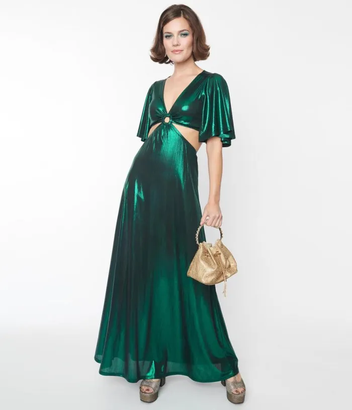 Smak Parlour 1970s Metallic Emerald Green Knit Maxi Dress DressesPlus Unique Vintage Midi and Maxi Smak Parlour 1970s Metallic Emerald Green Knit Maxi Dress DressesPlus Unique Vintage Midi and Maxi
