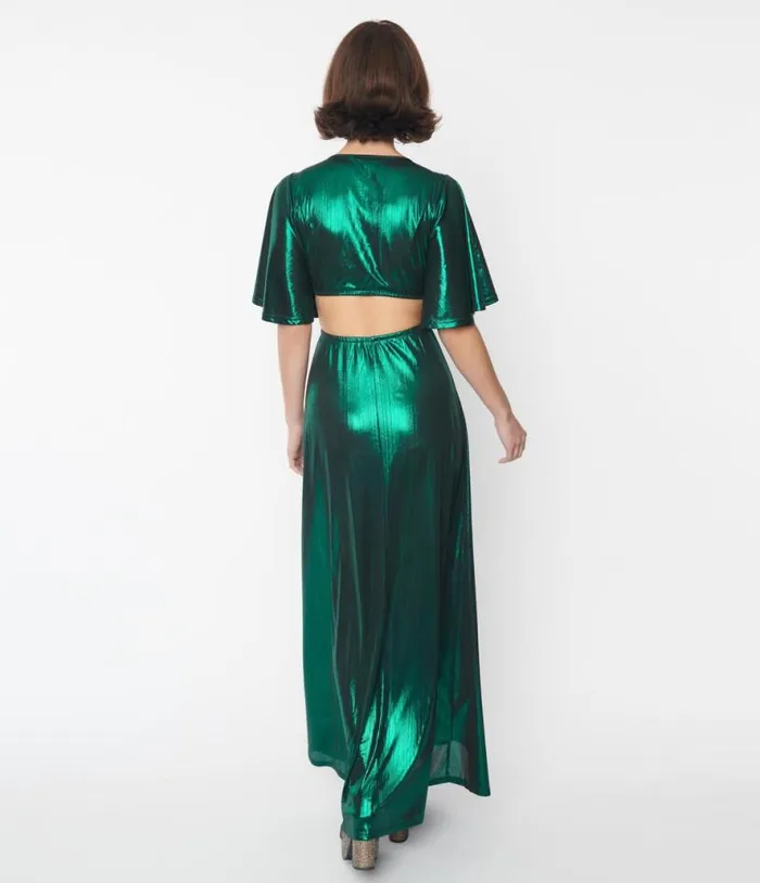 Smak Parlour 1970s Metallic Emerald Green Knit Maxi Dress DressesPlus Unique Vintage Midi and Maxi