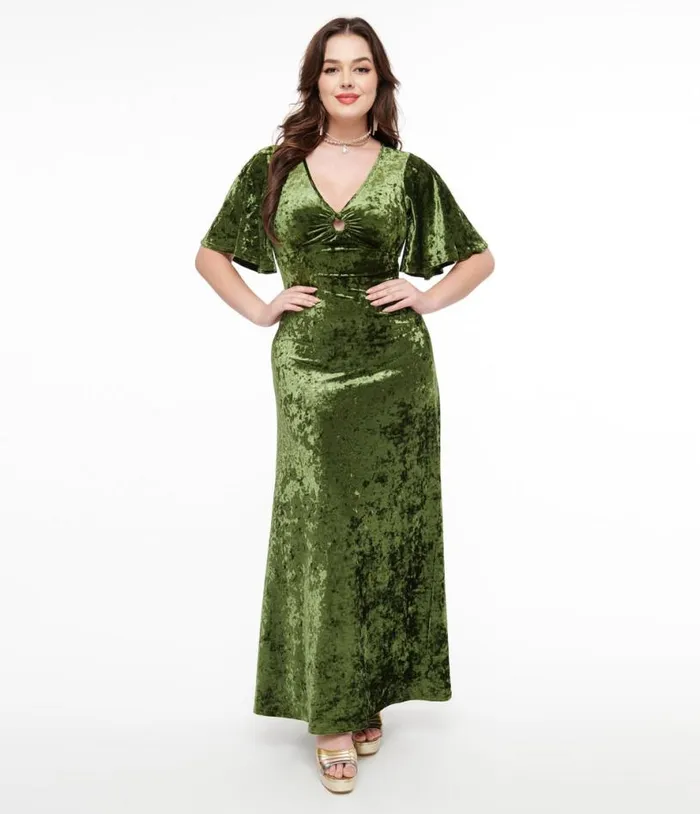Smak Parlour 1970s Mossy Green Velvet Cutout Maxi Dress Dresses Unique Vintage Maxi