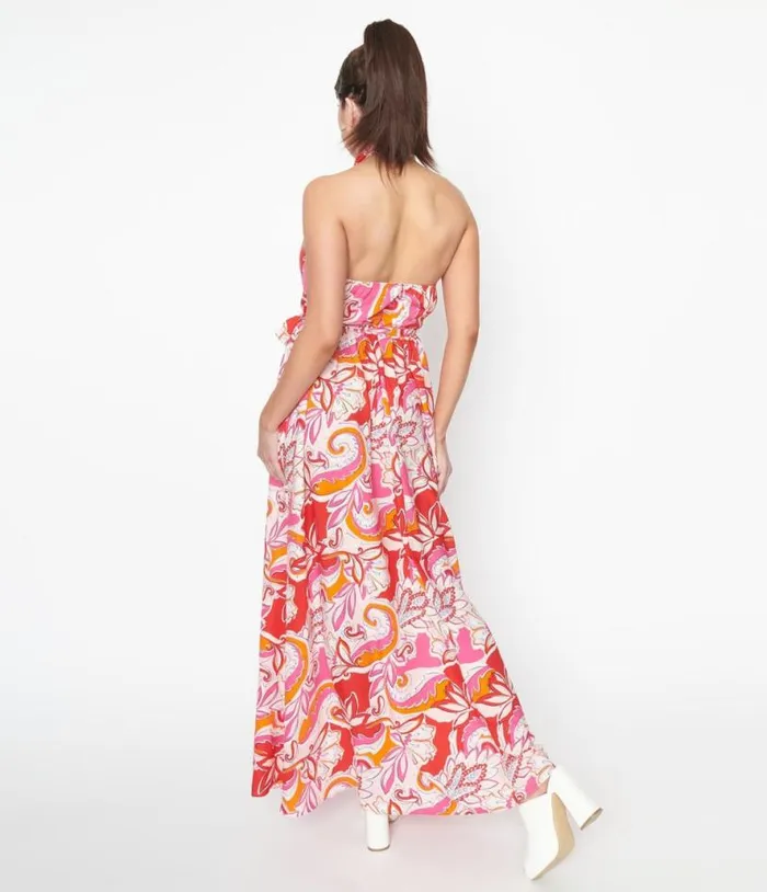 Smak Parlour 1970s Pink and Red Floral Budding Romance Maxi Dress Dresses Unique Vintage Maxi