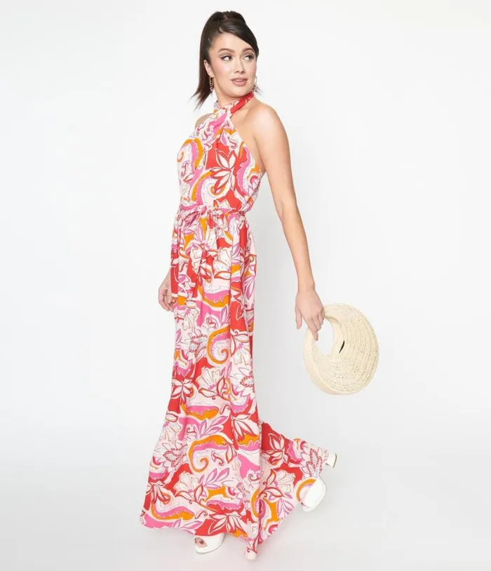 Smak Parlour 1970s Pink and Red Floral Budding Romance Maxi Dress Dresses Unique Vintage Maxi