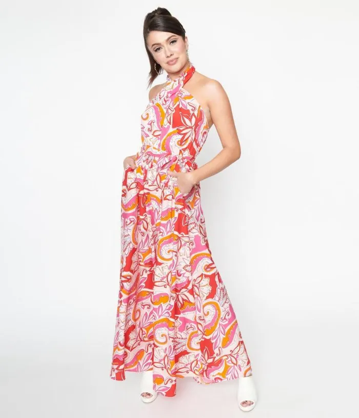 Smak Parlour 1970s Pink and Red Floral Budding Romance Maxi Dress Dresses Unique Vintage Maxi