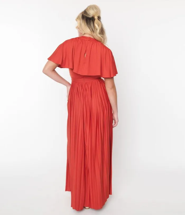 Smak Parlour 1970s Rust Red Pleated Cape Maxi Dress Dresses Unique Vintage Maxi