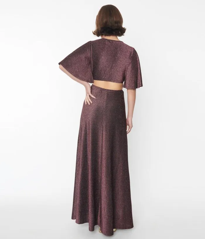 Smak Parlour 1970s Shimmering Rose Pink and Black Knit Maxi Dress Dresses Unique Vintage Maxi