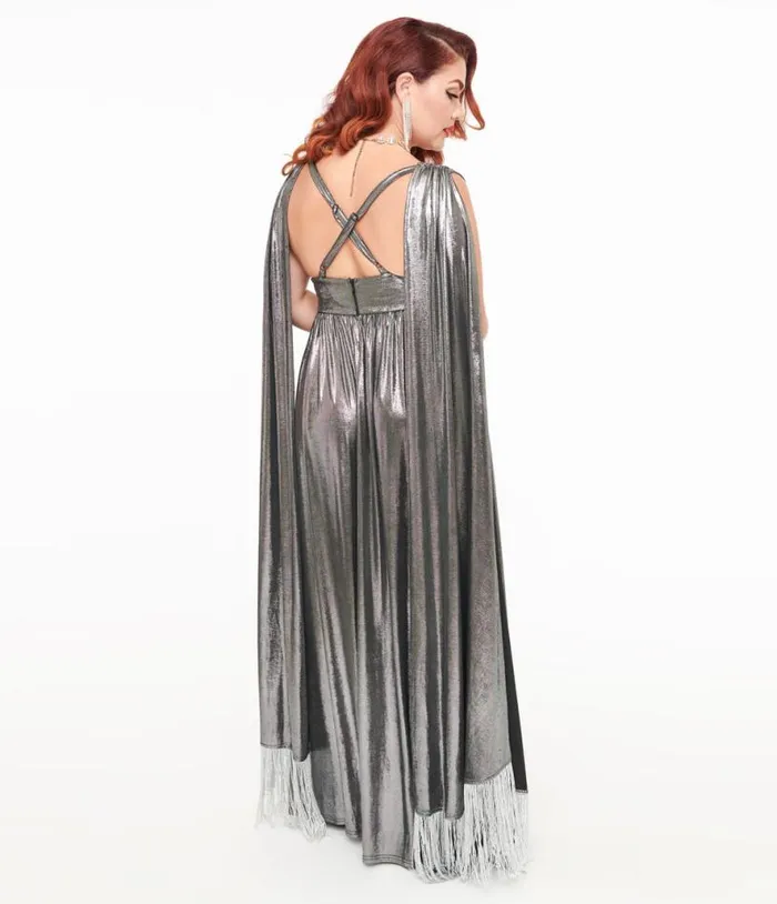Smak Parlour 1970s Silver Fringe Cape Maxi Dress Dresses Unique Vintage Maxi