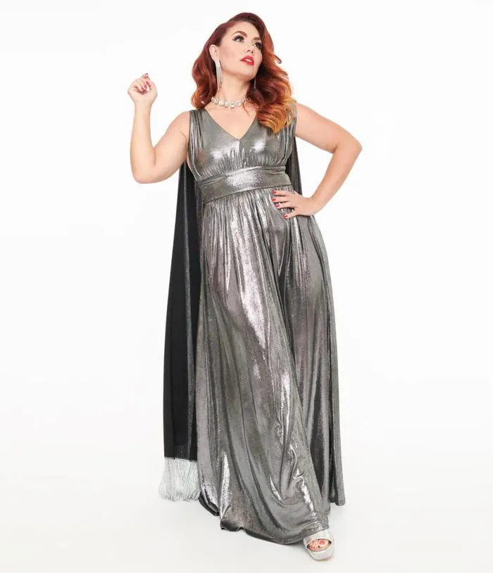 Smak Parlour 1970s Silver Fringe Cape Maxi Dress Dresses Unique Vintage Maxi