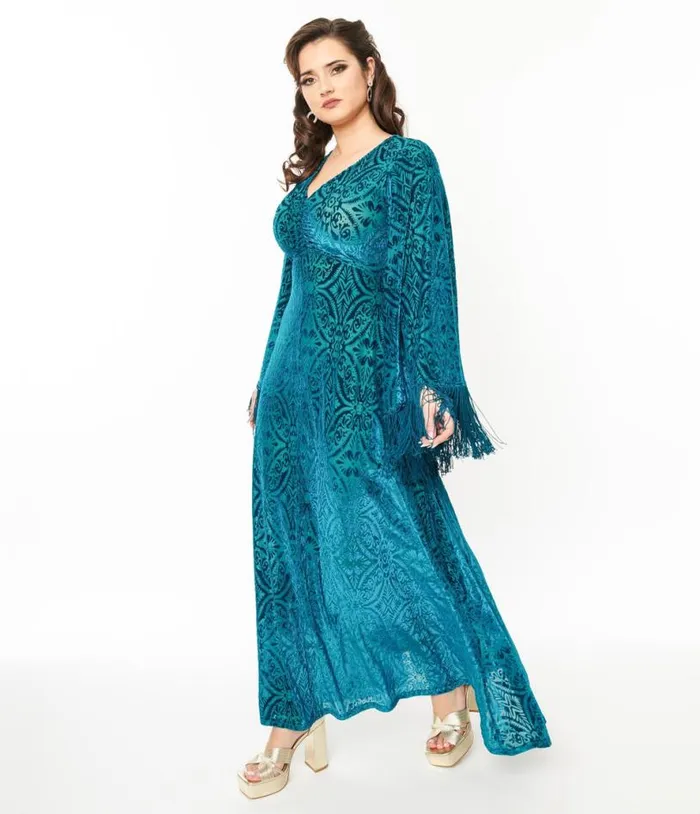 Smak Parlour 1970s Teal Floral Fringe Sleeve Maxi Dress Dresses Unique Vintage Maxi