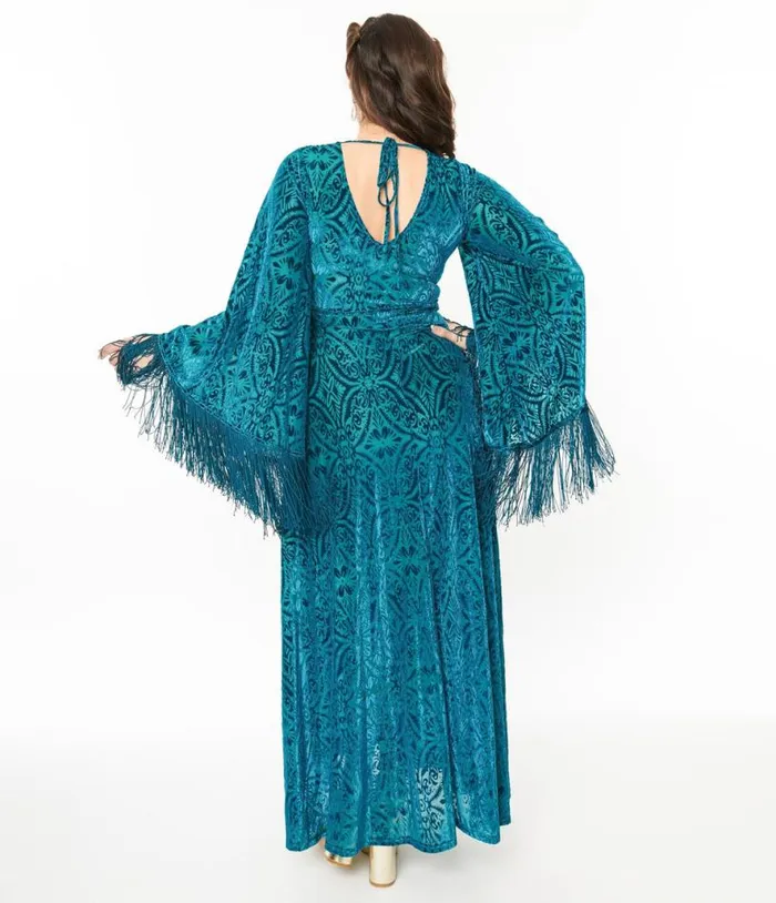 Smak Parlour 1970s Teal Floral Fringe Sleeve Maxi Dress Dresses Unique Vintage Maxi