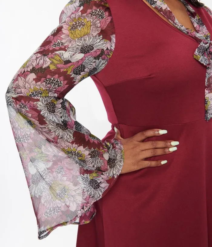 Smak Parlour Berry and Floral Bell Sleeve Flare Dress DressesPlus Unique Vintage Fit and Flare