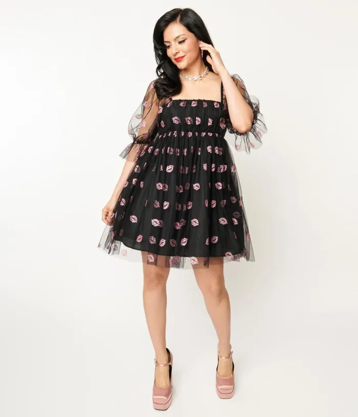 Smak Parlour Black and Pink Glitter Lips Love Interest Babydoll Dress DressesPlus Unique Vintage Babydoll Smak Parlour Black and Pink Glitter Lips Love Interest Babydoll Dress DressesPlus Unique Vintage Babydoll