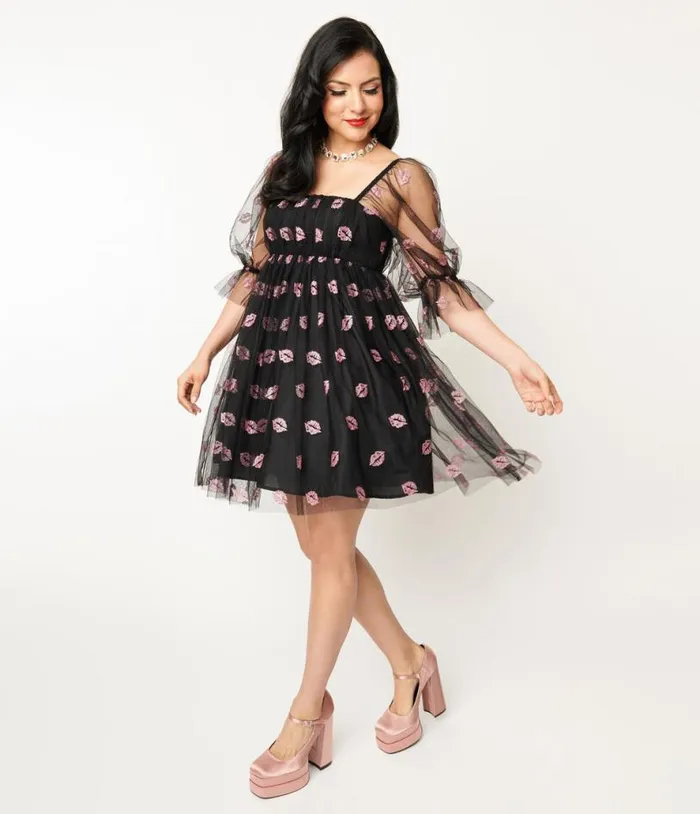 Smak Parlour Black and Pink Glitter Lips Love Interest Babydoll Dress DressesPlus Unique Vintage Babydoll