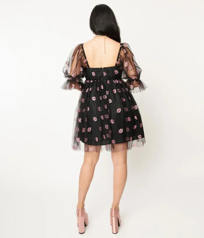 Smak Parlour Black and Pink Glitter Lips Love Interest Babydoll Dress DressesPlus Unique Vintage Babydoll