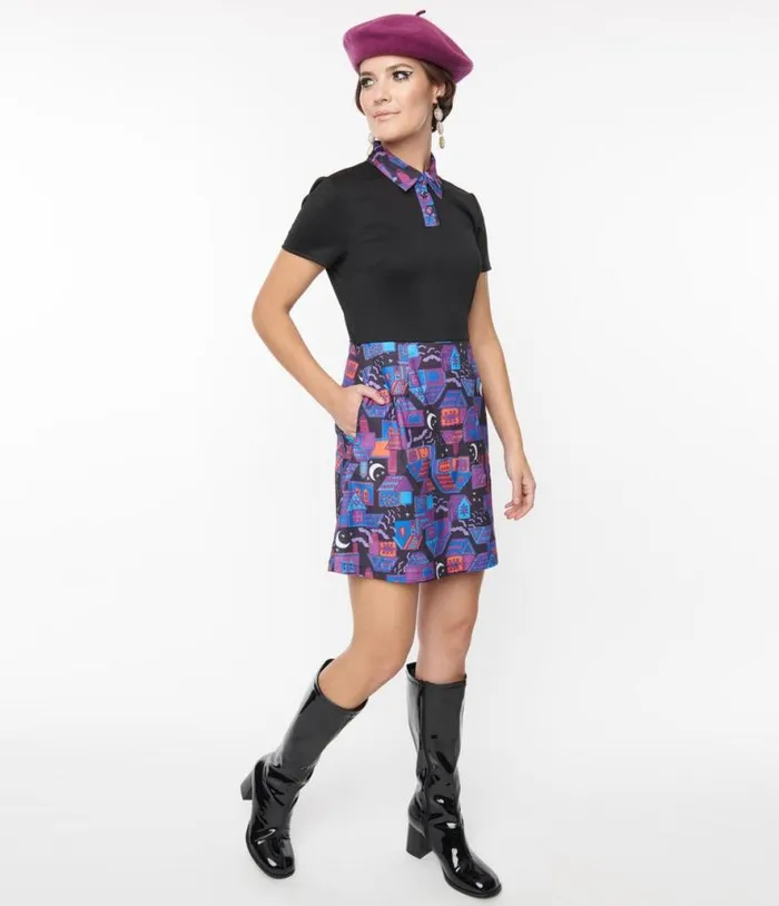 Smak Parlour Black and Purple Haunted House Mini Dress DressesHalloween Unique Vintage Pocket Dresses